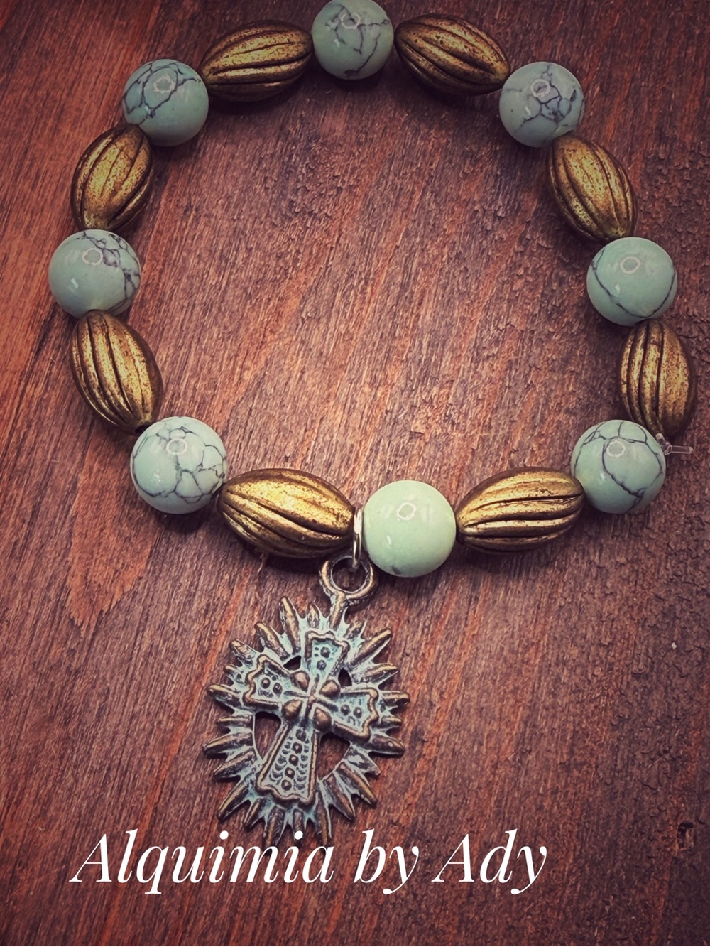 Patina cross + turquoise beaded charms bracelet/wisdom and protection bracelets